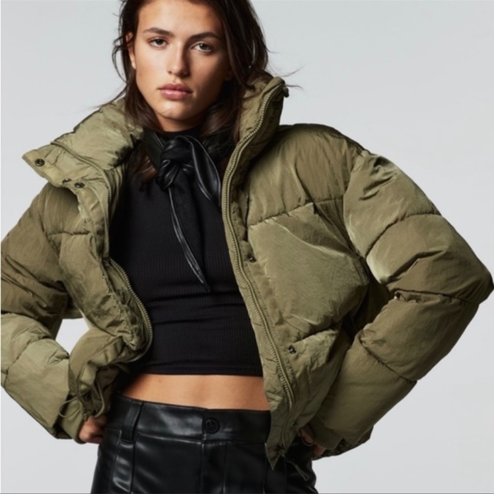 Zara Short Puffer Jacket Olive Green - Picture 2 of 6